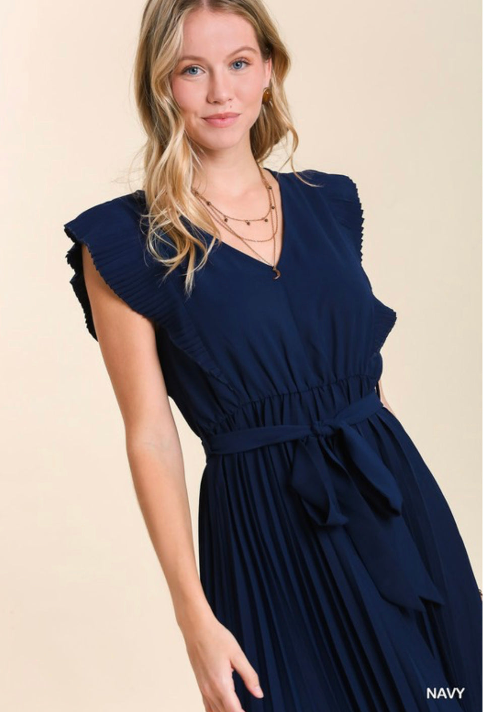 Solid Pleated Navy Dress