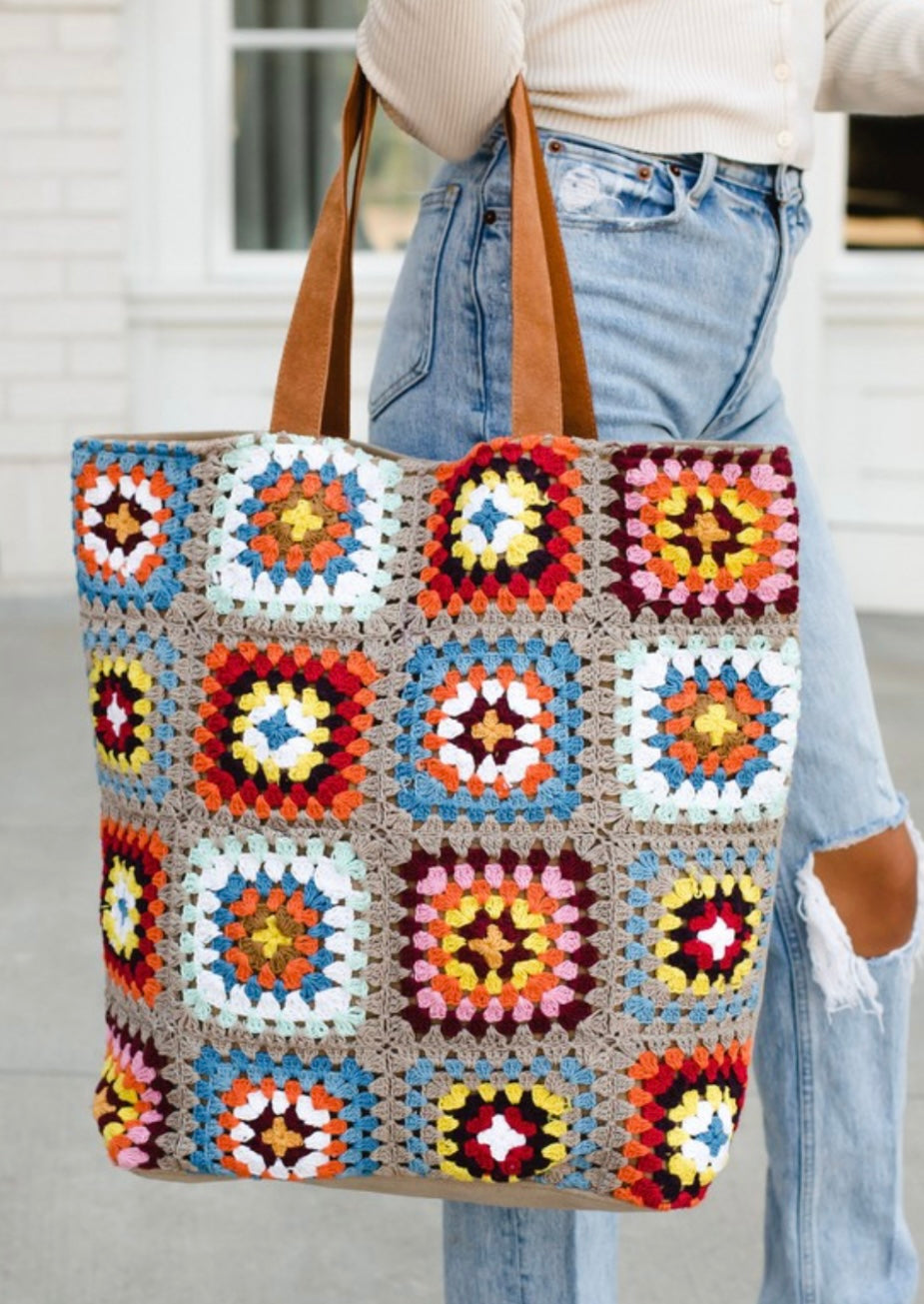 Woven Tan&Multi Crochet Tote