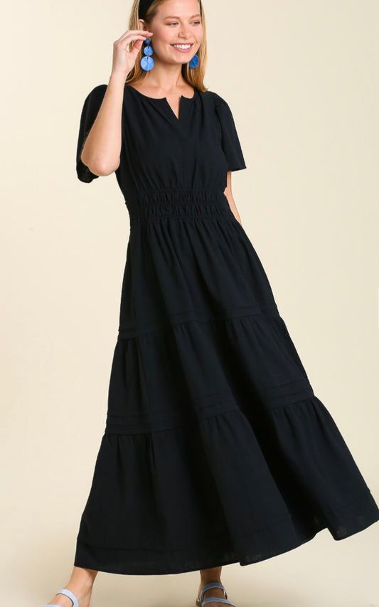 Tiered Black V-Neck Midi Dress