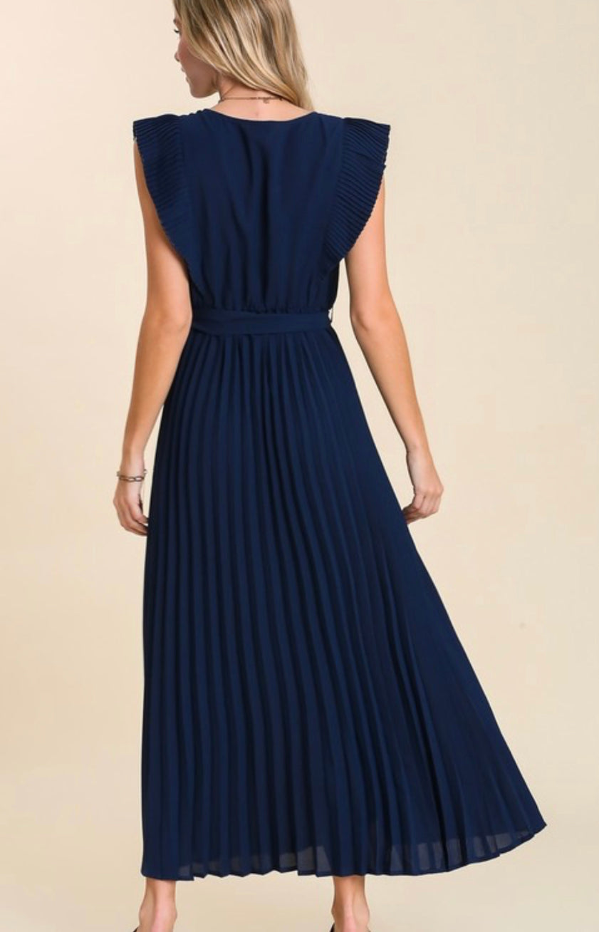 Solid Pleated Navy Dress