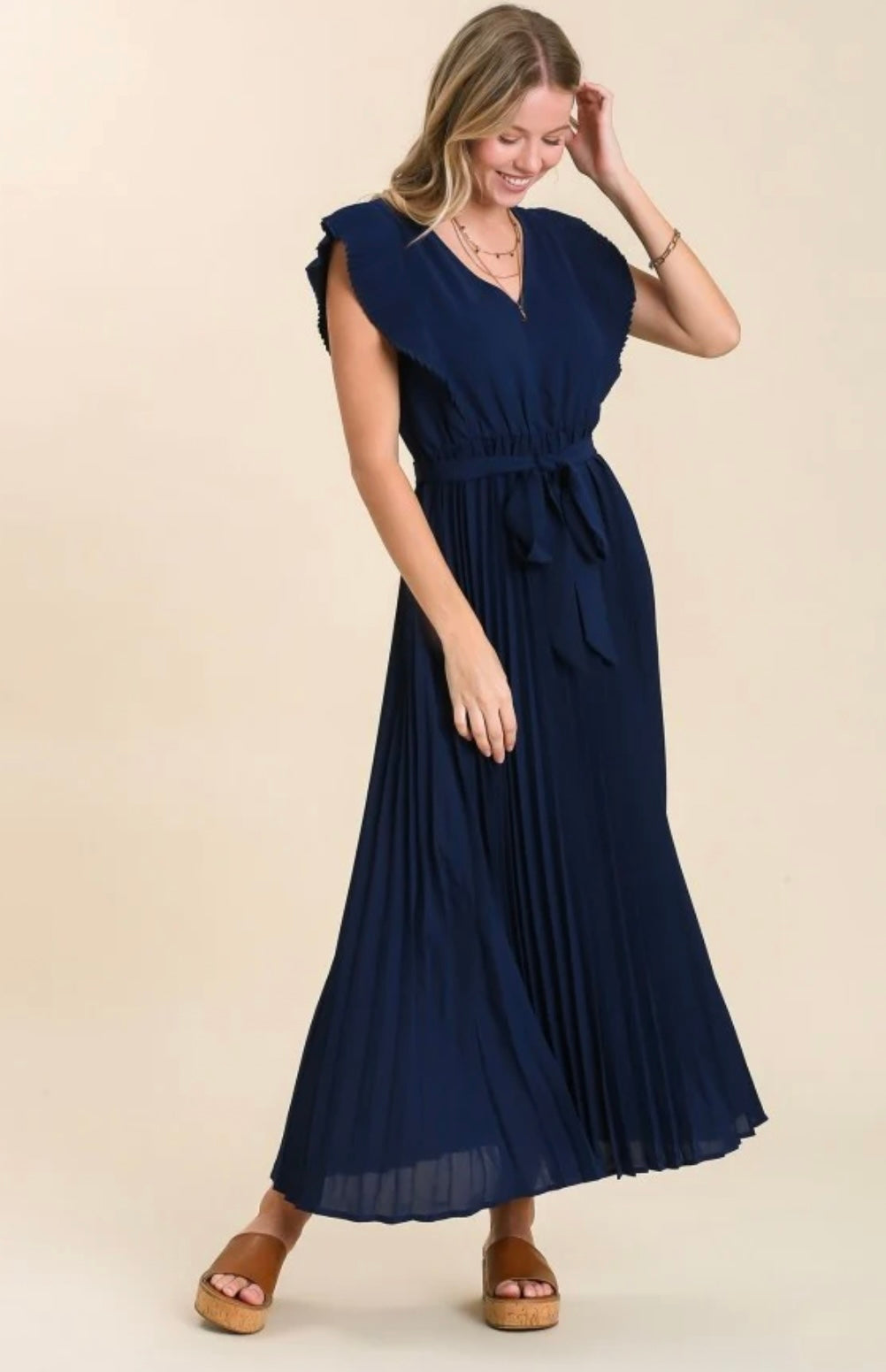 Solid Pleated Navy Dress