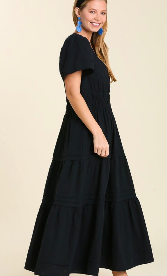 Tiered Black V-Neck Midi Dress